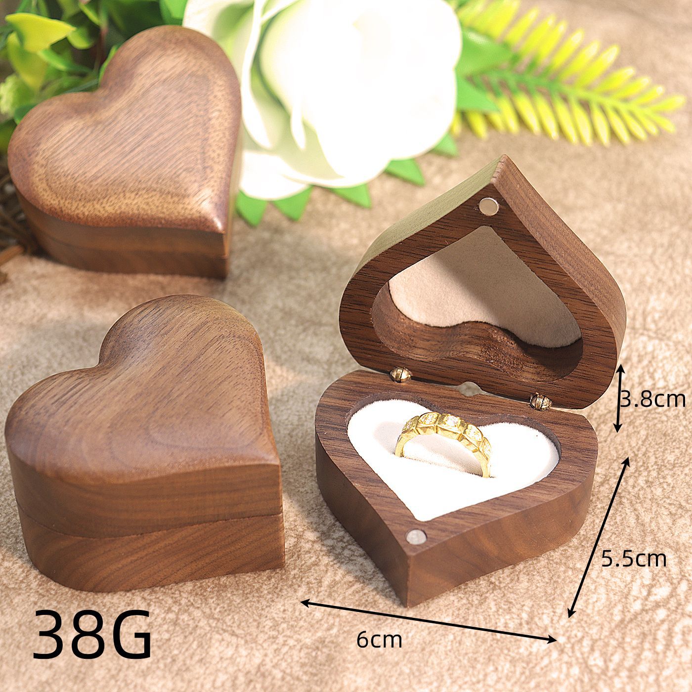 Engraved Heart Black Walnut Wood Ring Box