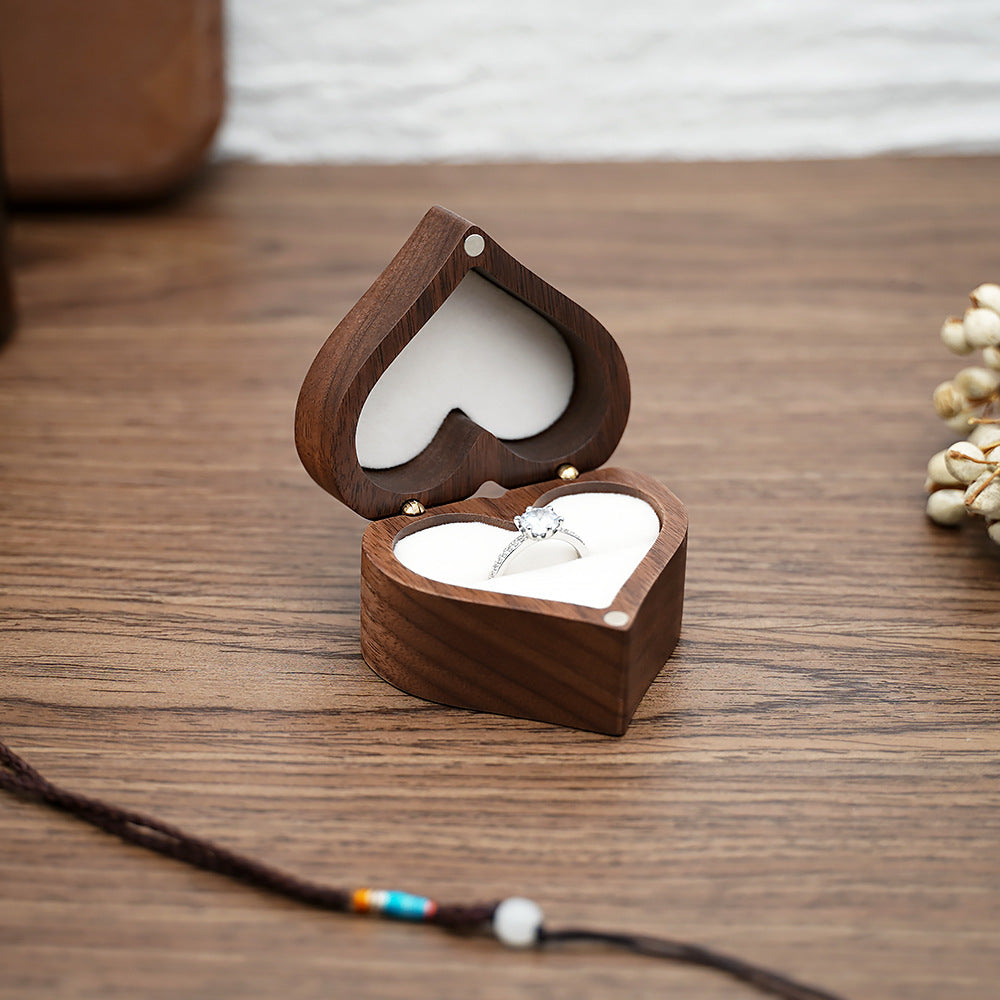 Engraved Heart Black Walnut Wood  Ring Box