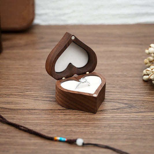 Engraved Heart Black Walnut Wood  Ring Box