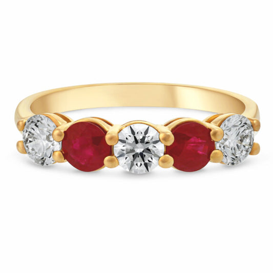 5 Stone Round Lab Grown Diamond & Ruby Ring in 14K Yellow Gold - Main View