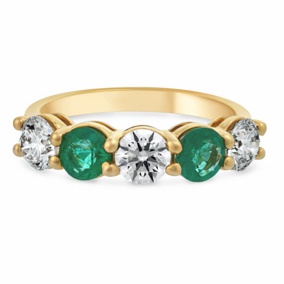 5 Stone Round Lab Grown Diamond & Emerald Ring in 14K Yellow Gold - Main View