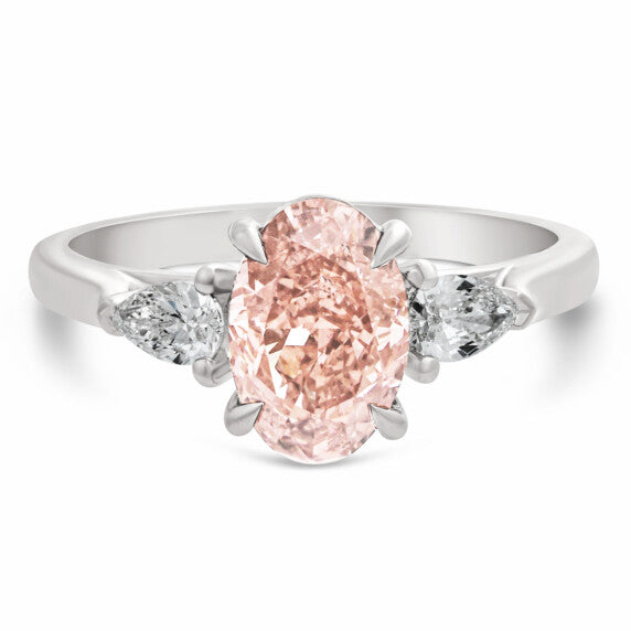 3 Stone Fancy Pink Oval Engagement Ring in 14K White Gold - View 2